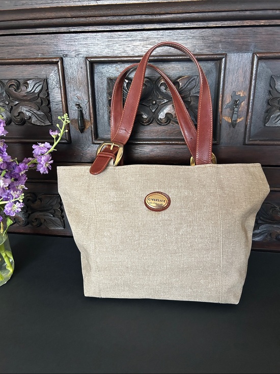 Beautiful Bag Handbags - Beautiful Beige Canvas Tote with Brown Leather Straps
